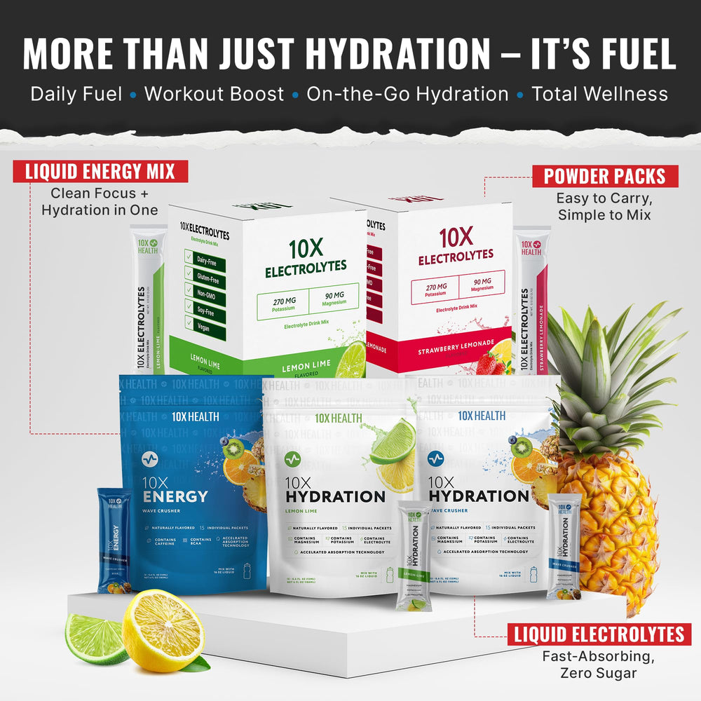 Natural flavor and dye-free hydration on the go with 10X Health.