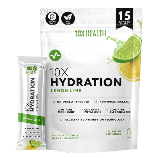 10X Health Electrolyte Drink Mix Lemon Lime packaging highlights sugar-free hydration.