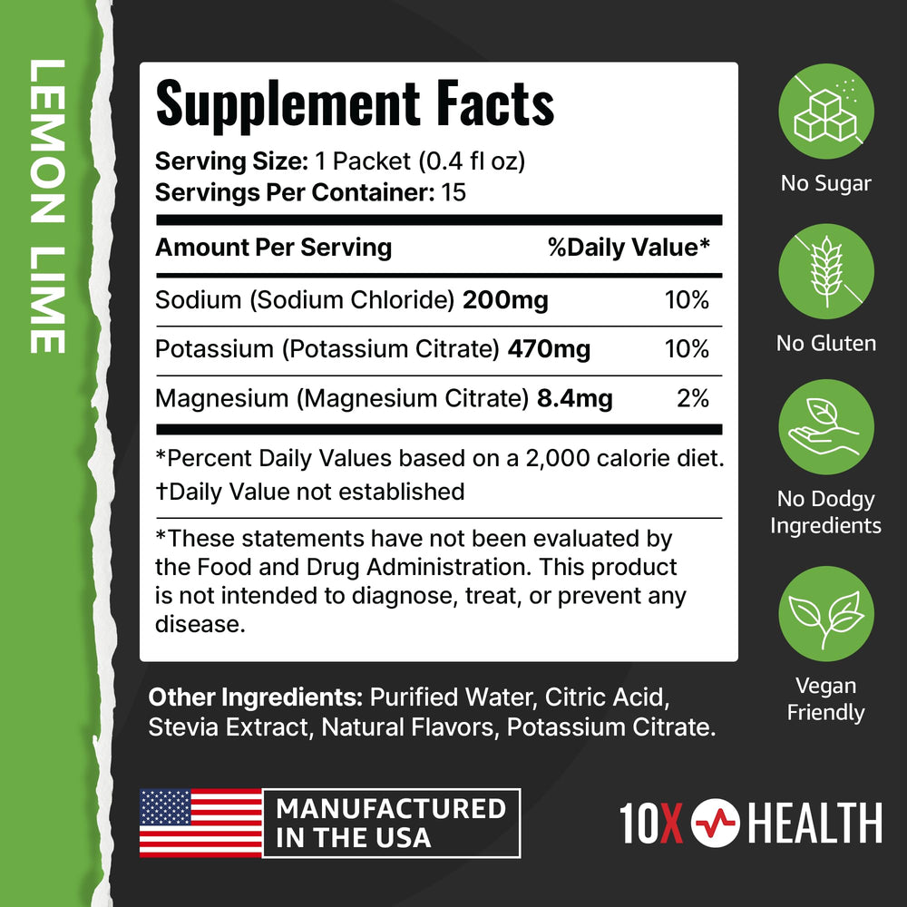 Sugar-free electrolyte blend from 10X Health supports balanced hydration.