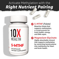 The 10X Health System brain mood support bottle highlights bioactive folate for cognitive balance.