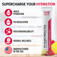 10X Health System electrolytes glass with ice showcasing refreshing strawberry lemonade flavor.