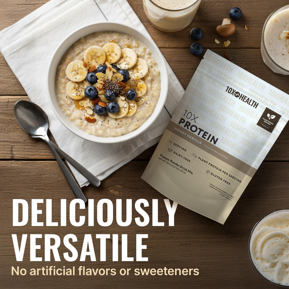 10X Health System honey vanilla ingredients scene emphasizes plant-based protein sources