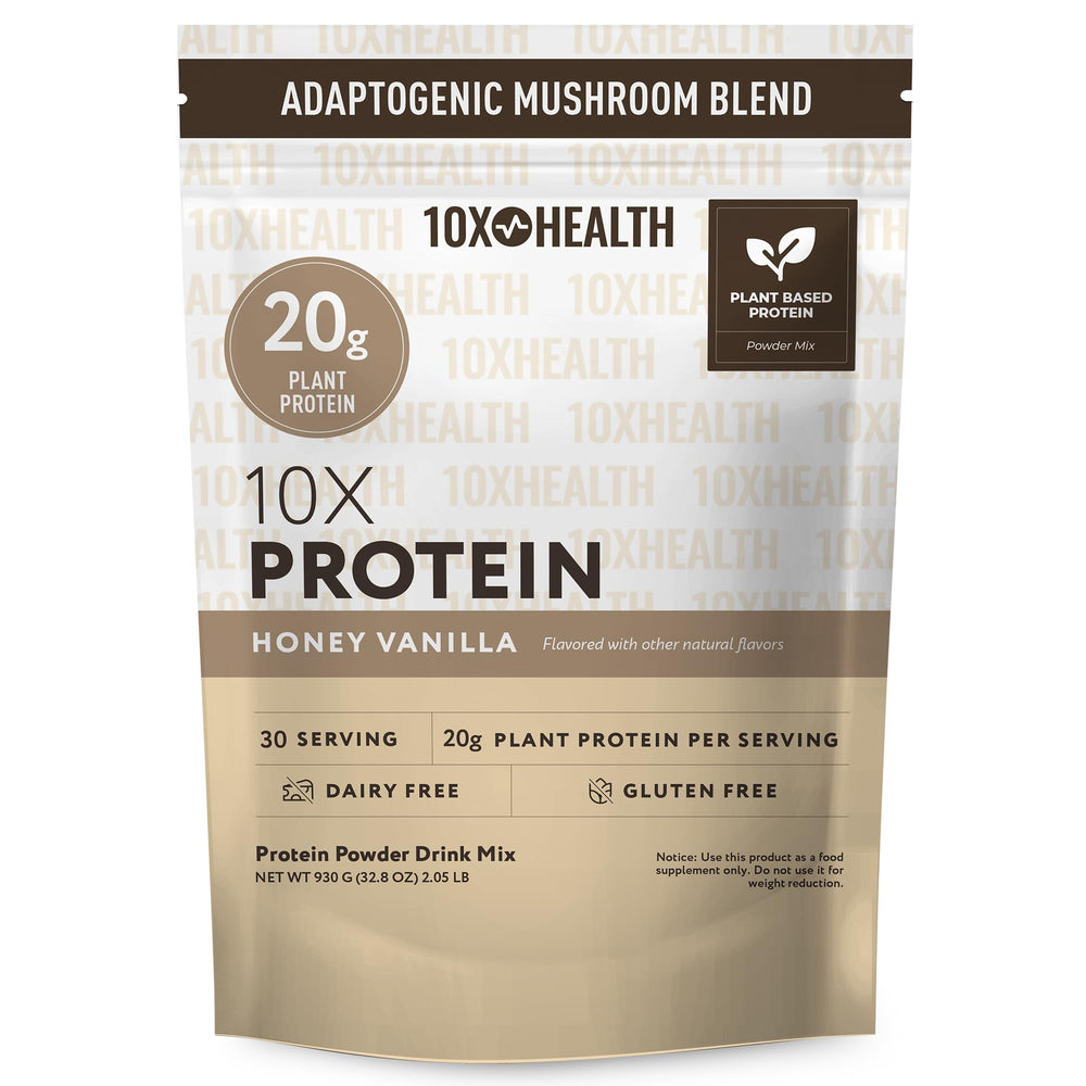 10X Health System honey vanilla protein powder tub highlights 20g plant protein per serving