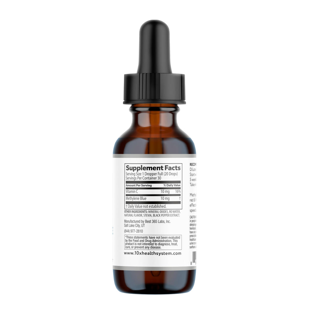 10X Health System Methylene Blue Drops ingredients list closeup.