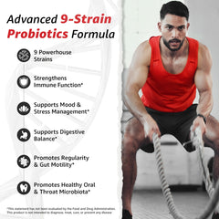 10X Health Probiotics capsules on a white backdrop emphasizing digestive wellness and daily use