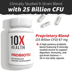 10X Health System probiotics label close-up illustrating 25 billion CFU per serving