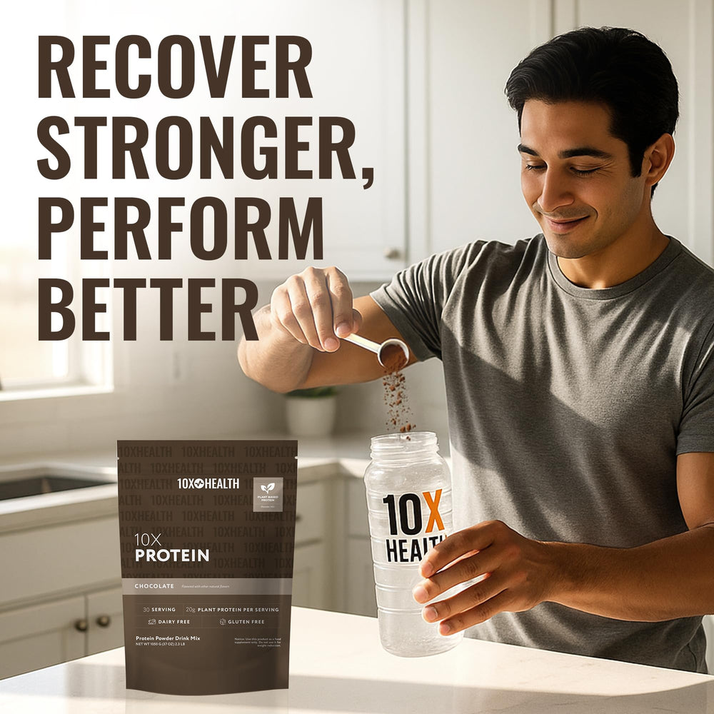 10X Health System vegan protein powder chocolate ingredients close-up highlights plant protein.