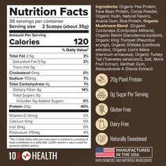 10X Health System vegan protein powder chocolate jar open with glass for serving.