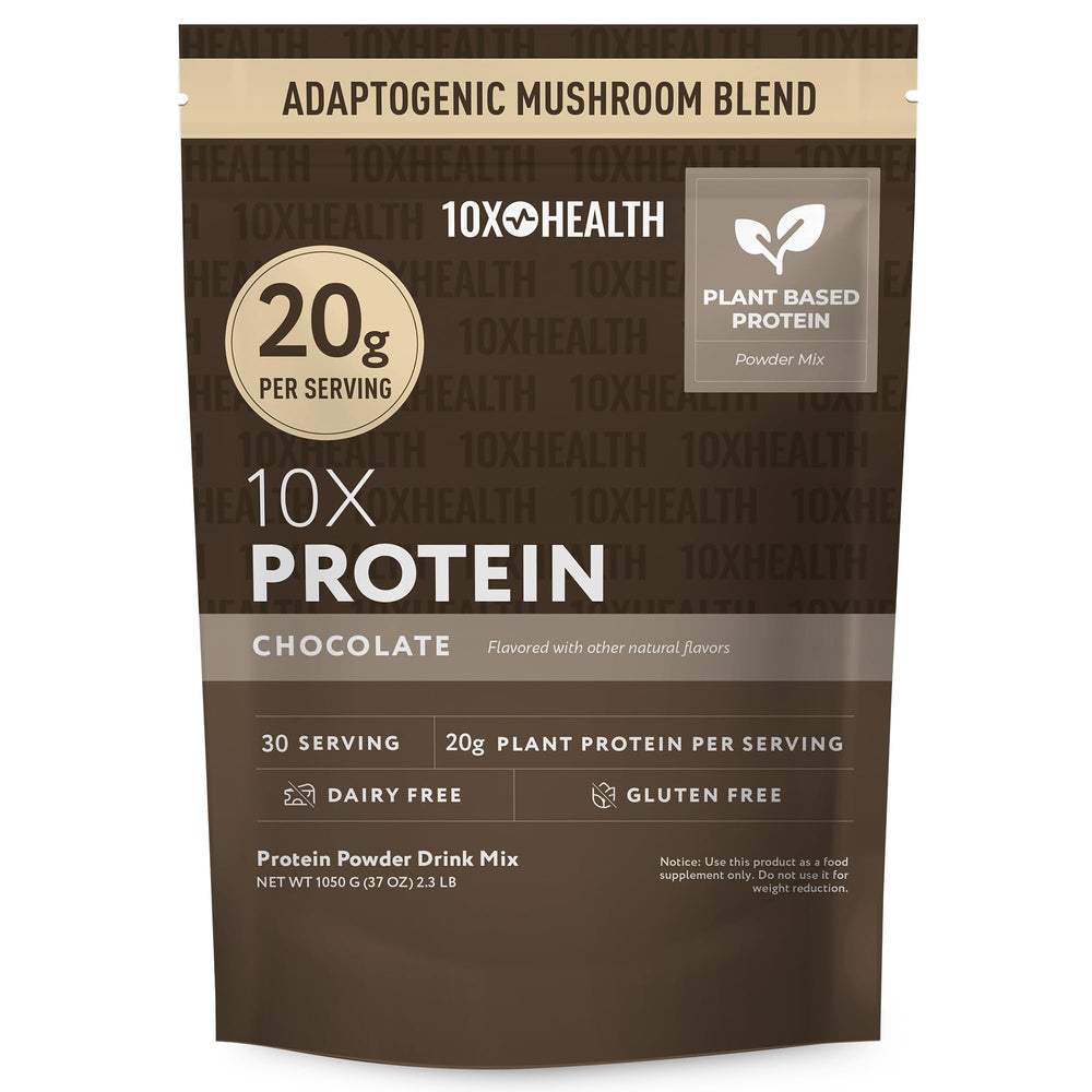 10X Health System vegan protein powder chocolate tub front supports muscle growth.