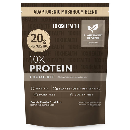 10X Health System vegan protein powder chocolate tub front supports muscle growth.