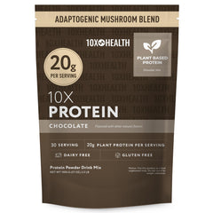 10X Health System vegan protein powder chocolate tub front supports muscle growth.