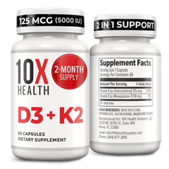 10X Health System vitamin d3 5000 iu k2 mk7 bottle on desk supports bone health