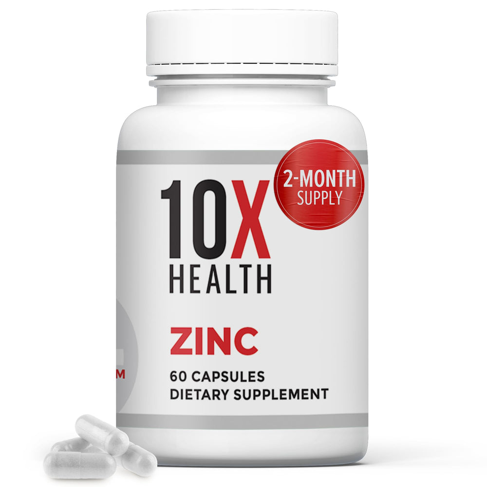 10X Health System zinc supplement bottle showing 60 capsules for daily immune support.