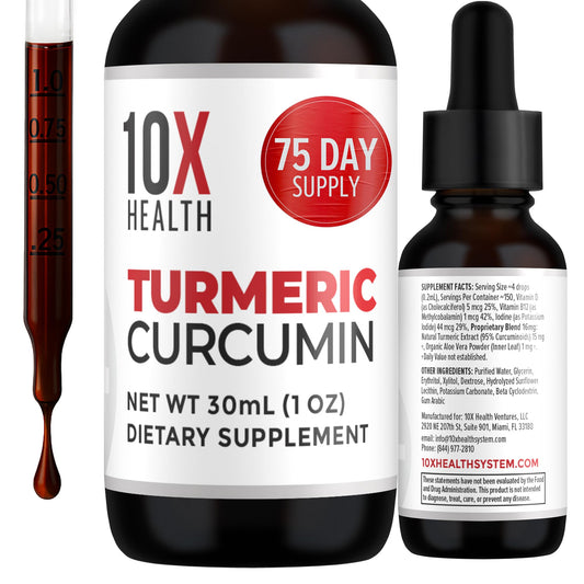 10X Health Turmeric Curcumin bottle pour for easy daily use and dosing