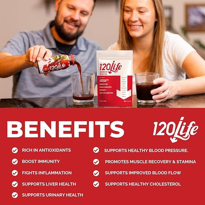 120LIFE Blood Pressure Support cranberry powder scoop, convenient mix for daily routine.