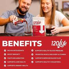 120LIFE Blood Pressure Support cranberry powder scoop, convenient mix for daily routine.