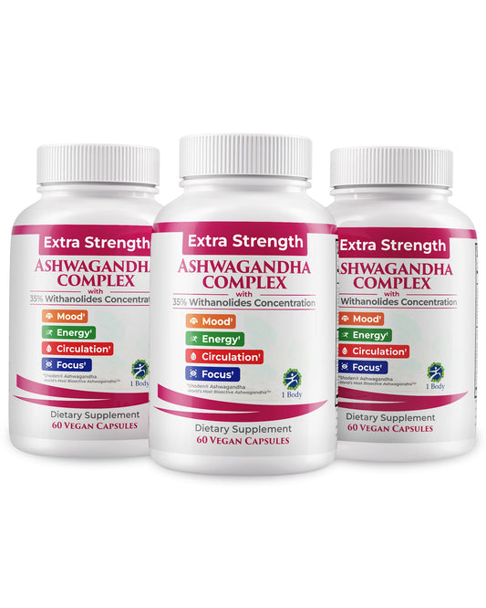 1 Body Ashwagandha Complex bottle front for focus and balance