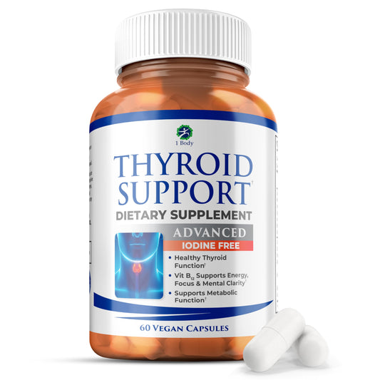 1 Body Thyroid Support bottle front view showing the iodine-free formula for steady energy.