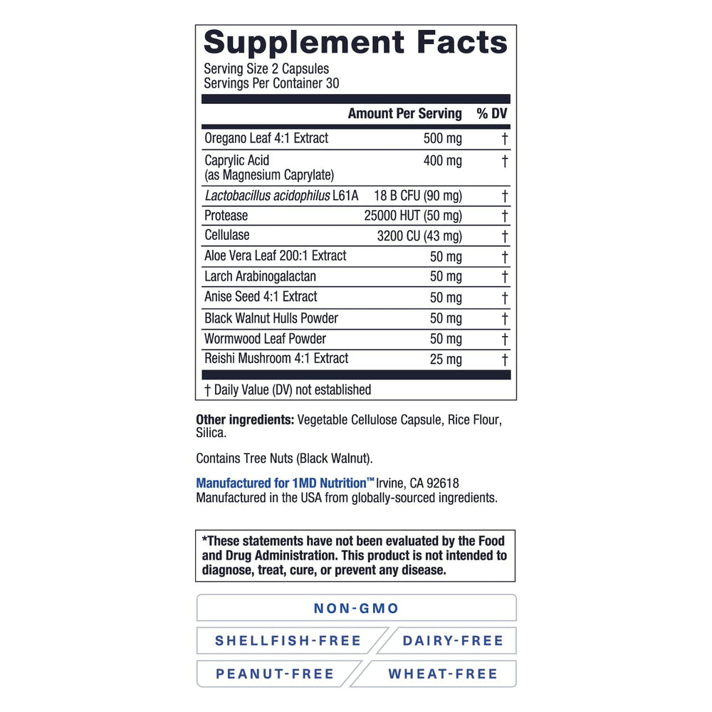 1MD BalanceMD 60 capsules label emphasizes daily digestive support option.
