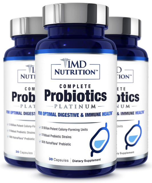 1MD Complete Probiotics Platinum bottle front supports digestive balance and daily wellness.