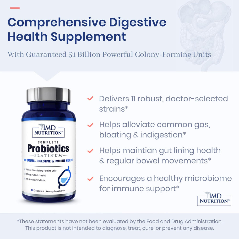 1MD Complete Probiotics Platinum label side notes 11 strains for broad digestive care.