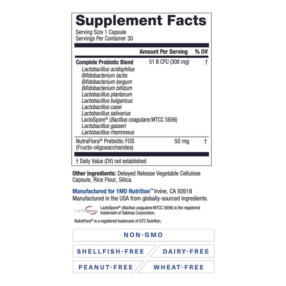 1MD Complete Probiotics Platinum nutrition facts panel helps informed probiotic choices.