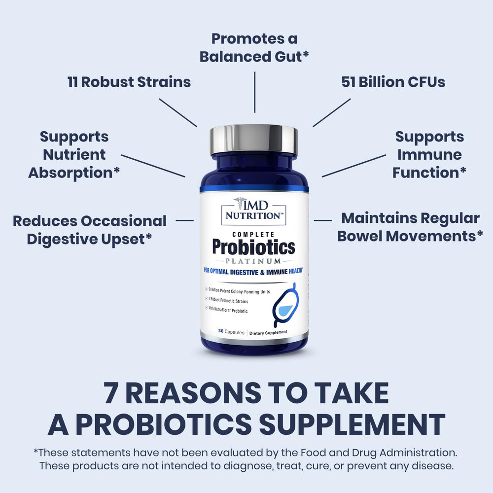 1MD Complete Probiotics Platinum pour shot illustrates easy daily probiotic routine.