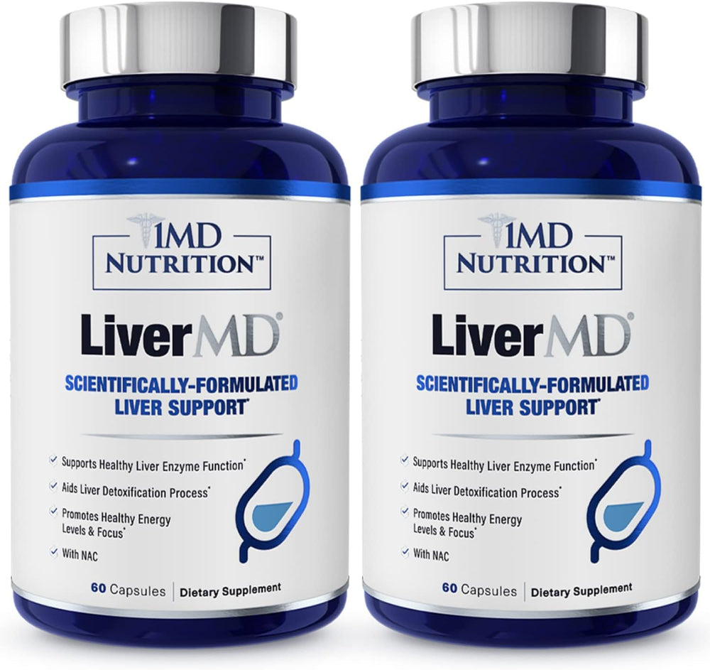1MD LiverMD bottle front with two-pack for liver support.