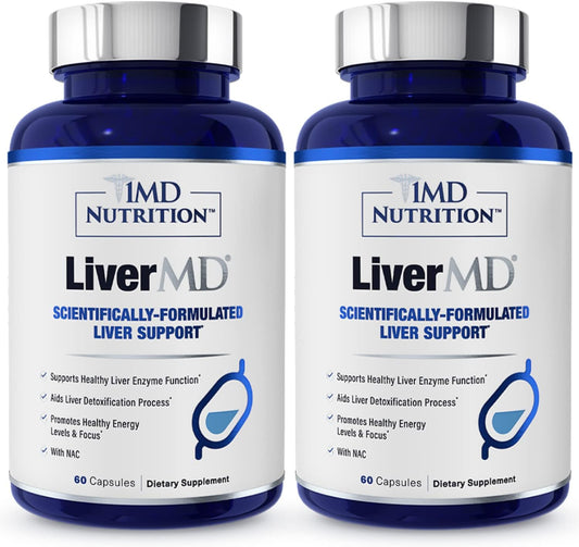 1MD LiverMD bottle front with two-pack for liver support.