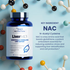 1MD LiverMD bottle with water glass suggesting daily intake ritual.