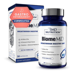 1MD Nutrition BiomeMD Probiotics bottle with clear label for everyday digestive support.