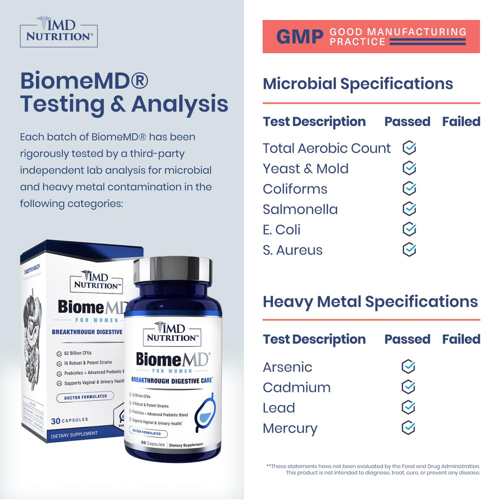 1MD BiomeMD Probiotics label and packaging highlight key strains and CFU potency.