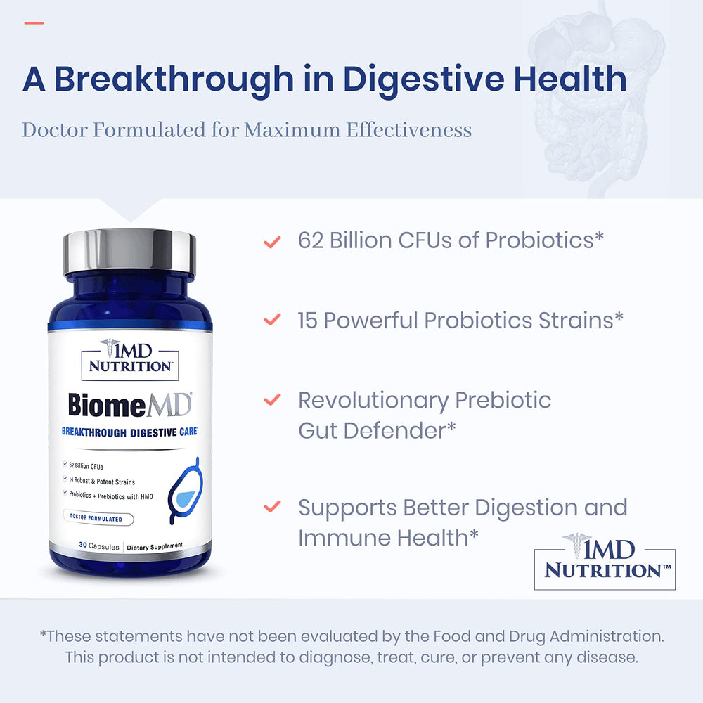 Capsules beside a glass of water for daily use with BiomeMD Probiotics.