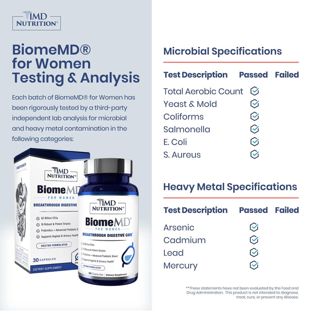 1MD BiomeMD Probiotics bottle packaging highlights 16 strains for women's health.