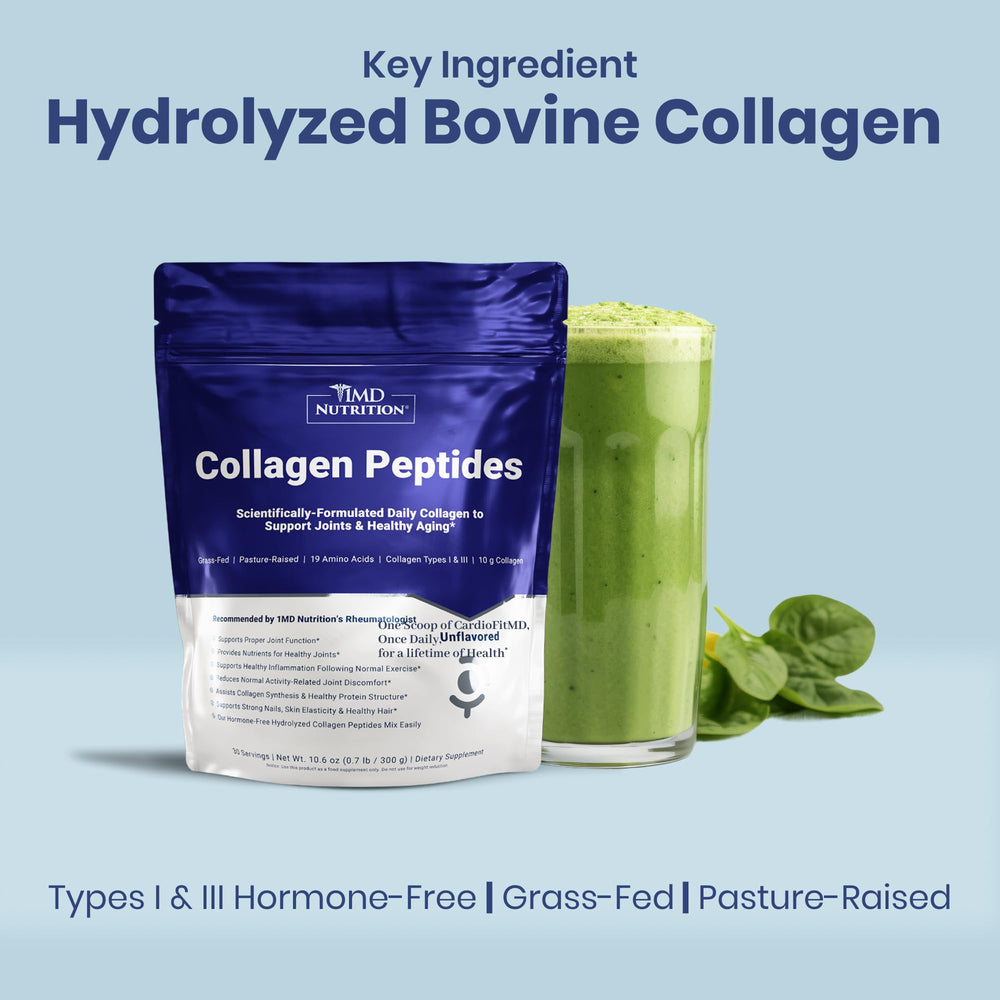 1MD Nutrition Collagen Peptides jar with spoon showing skin hydration benefits