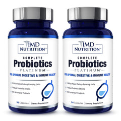 1MD Nutrition Complete Probiotics Platinum bottle front showcasing dairy-free probiotic formula for gut balance
