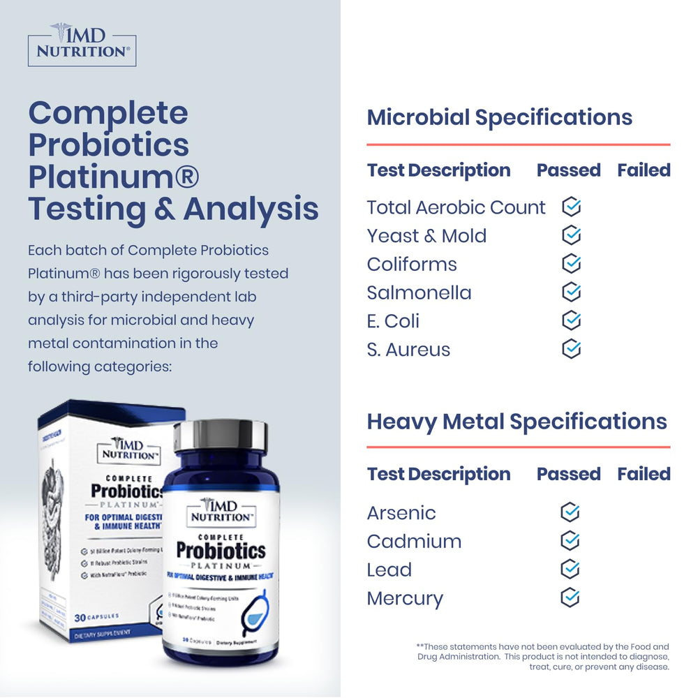 Label detail of 1MD Complete Probiotics Platinum showing 11 probiotic strains