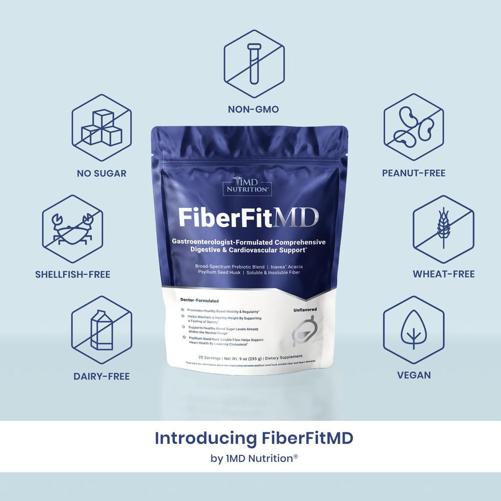 1MD FiberFitMD acacia prebiotic powder packaging for gut flora-friendly fiber.
