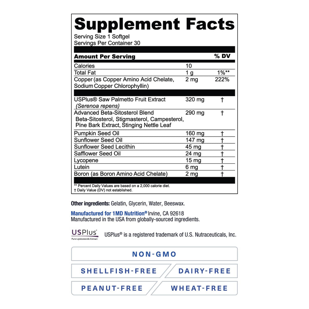 1MD ProstateMD bottle with capsules beside water for easy intake.