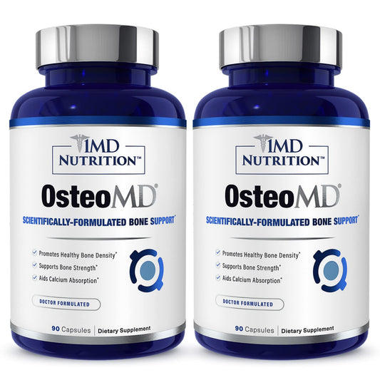 1MD OsteoMD bottle-front for daily bone support with calcium hydroxyapatite and vitamin D3.