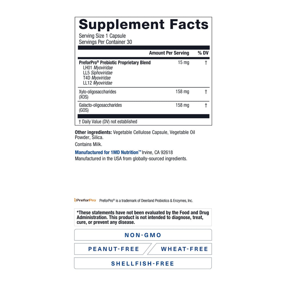 1MD PreBioMD scoop in jar suggests convenient daily use for digestion.