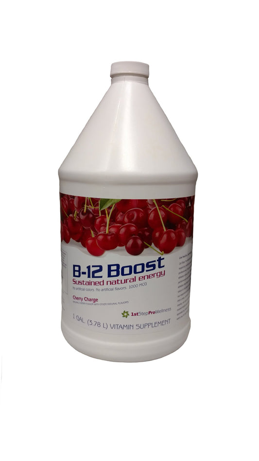 1st Step for Energy B-12 Cherry Charge bottle showing rich cherry color for energy support.