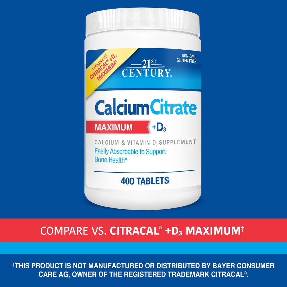 21st Century Calcium Citrate Plus D3 label close-up emphasizes no added sugar or artificial flavors.