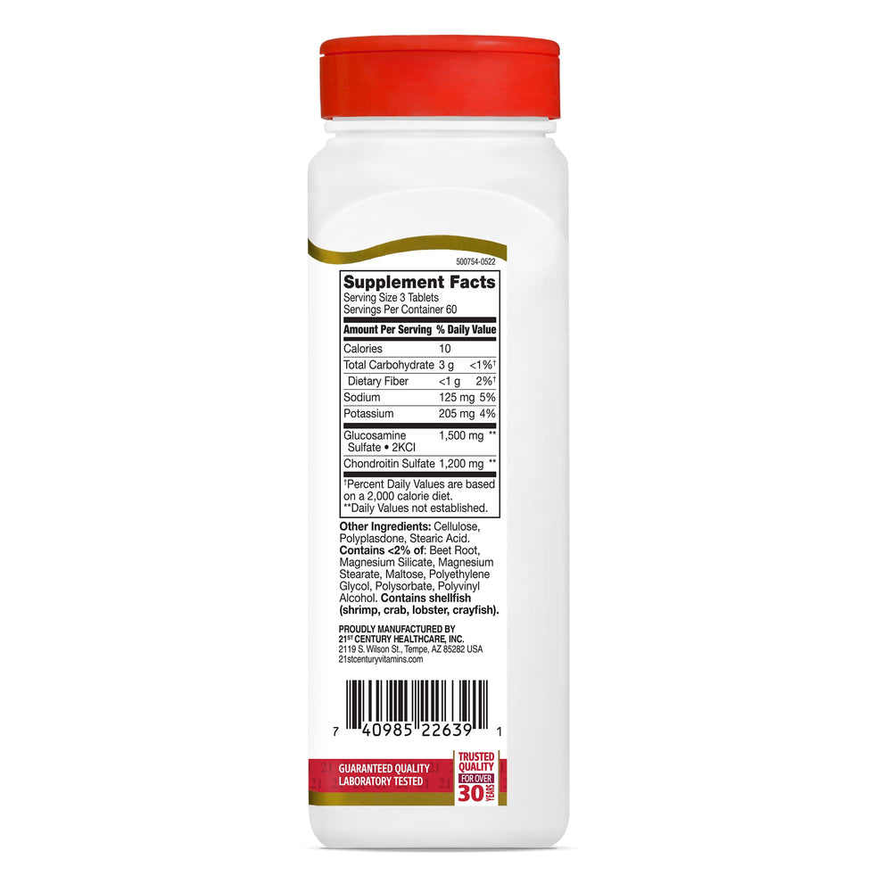 21st Century Glucosamine Chondroitin gluten-free non-GMO label highlights features.