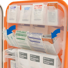 24-7 First Aid kit tilting shelves for easy view of supplies