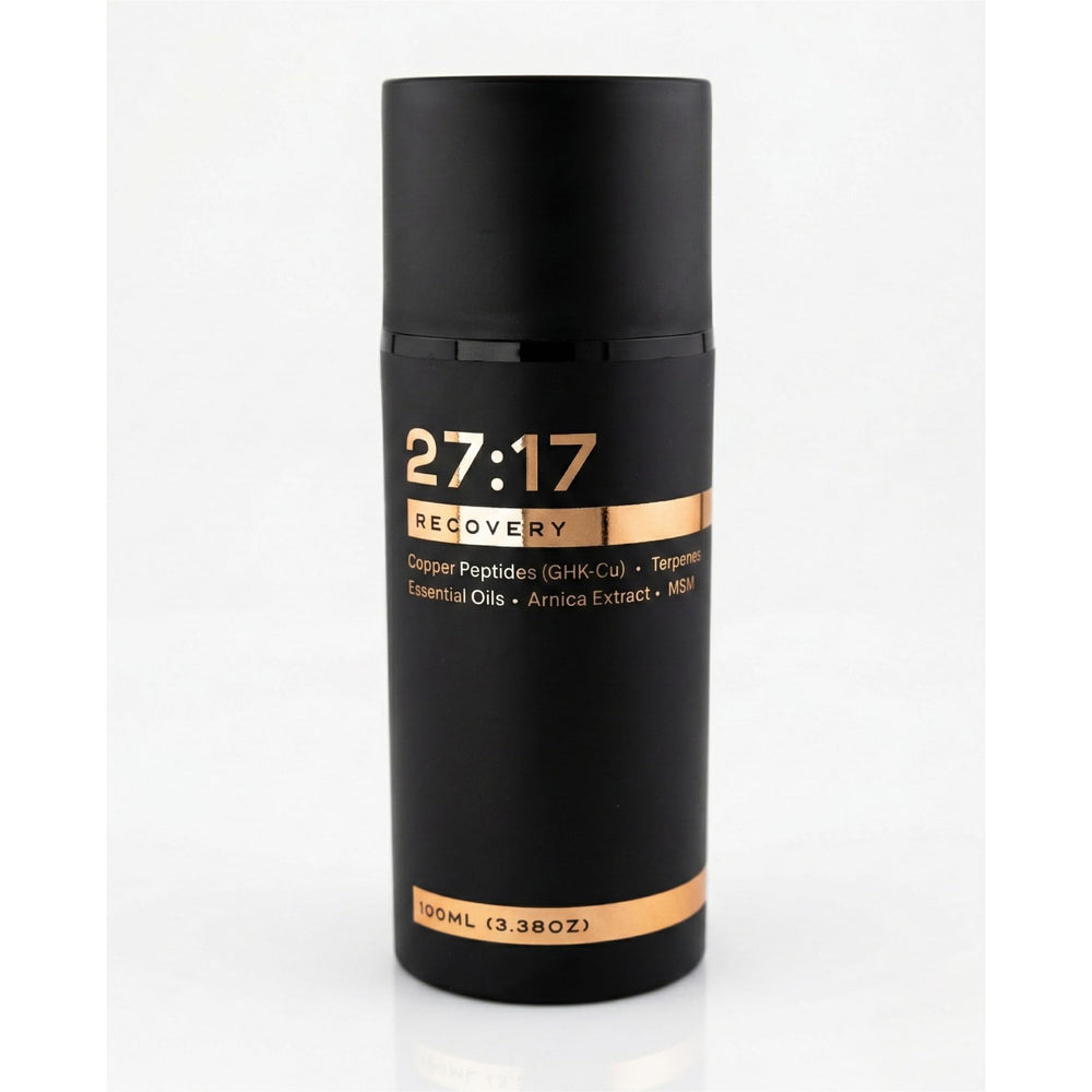 27:17 Recovery Cream bottle showing cooling menthol for post-workout relief