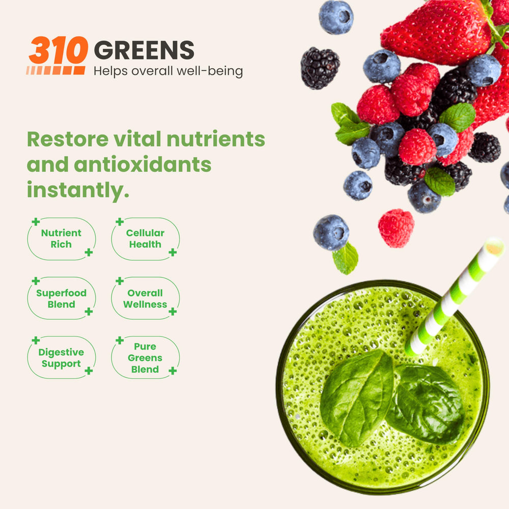310 Nutrition greens powder with scoop pouring for quick mix