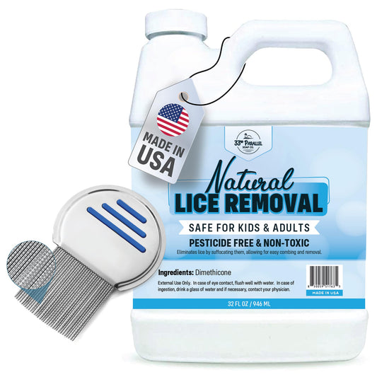33RD PARALLEL SOAP CO lice treatment bottle shows dimethicone-based gentle lice control.