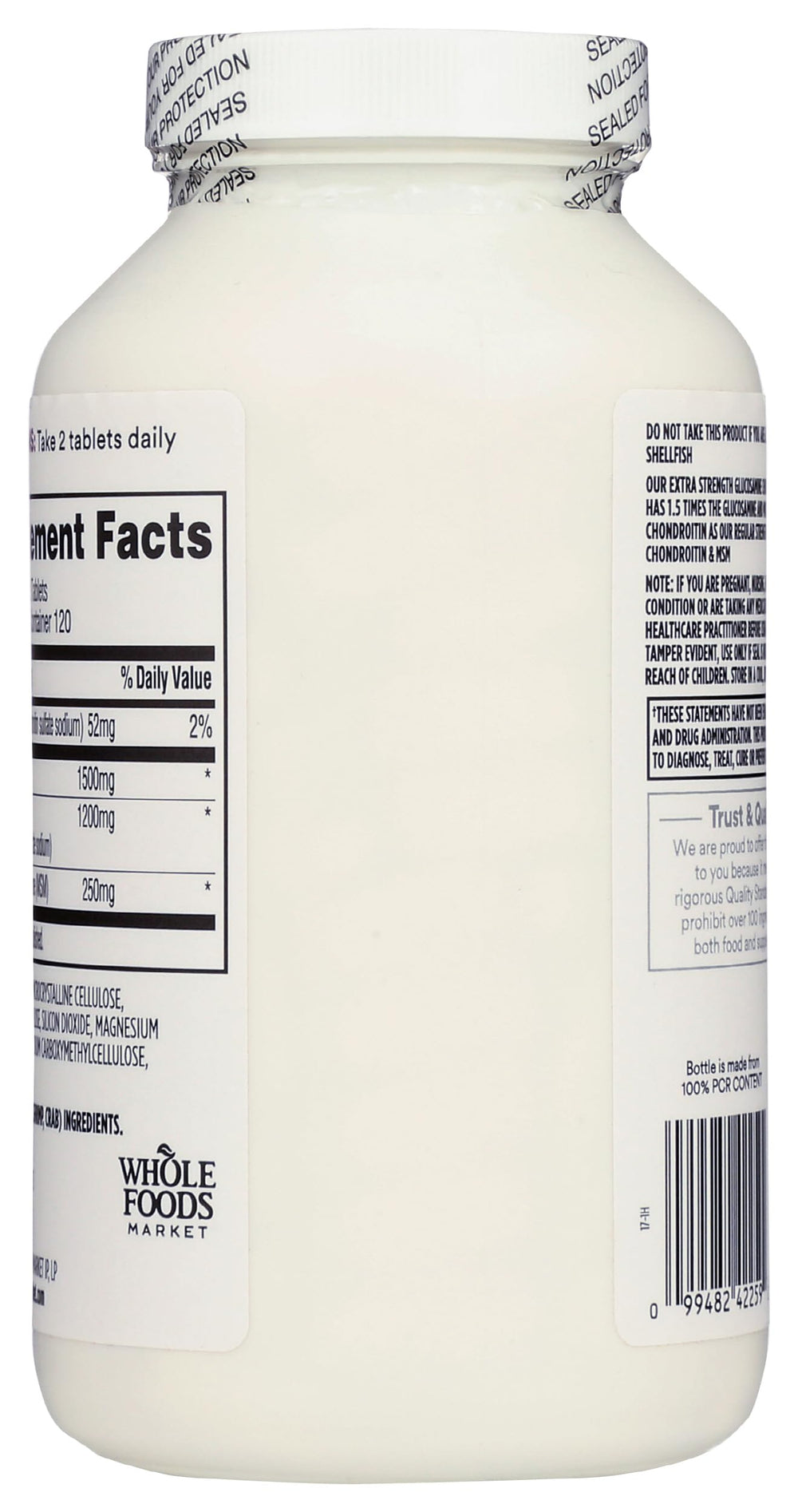 365 by Whole Foods Market glucosamine chondroitin X Strength MSM label close-up highlighting ingredients.