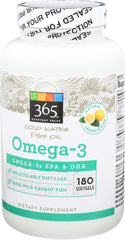 365 by Whole Foods Market Omega-3 Lemon bottle label close-up highlights EPA and DHA ingredients.